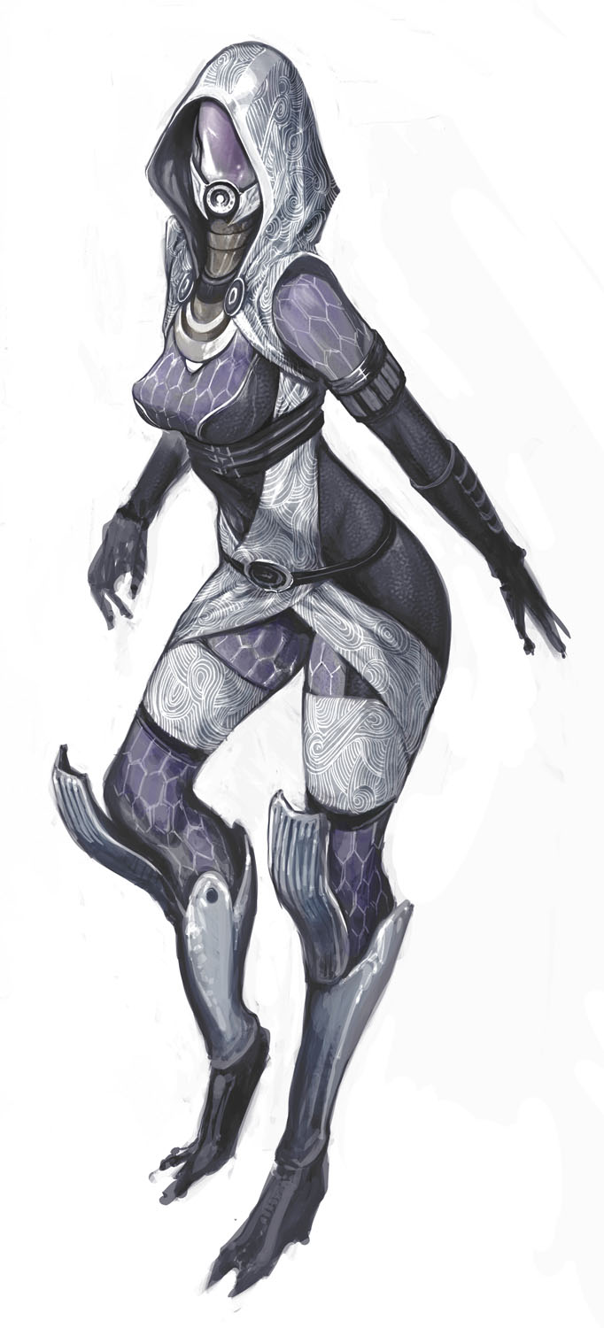 alien armor fewer_digits full_body helmet highres hood ikeda_masateru mass_effect purple_skin quarian scales simple_background solo tali'zorah white_background