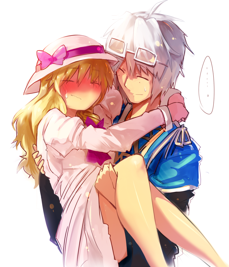 1boy 1girl alternate_costume blonde_hair braid carrying closed_eyes commentary dress glasses hat japanese_clothes kirisame_marisa long_hair long_sleeves m-1_grand_prix mizuga morichika_rinnosuke princess_carry ribbon short_hair silver_hair sun_hat sweatdrop touhou