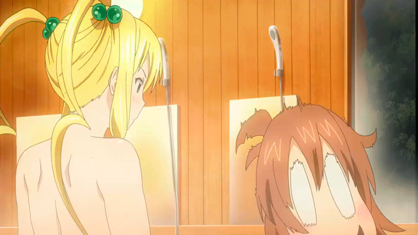 2girls animated animated_gif ass back bare_back bare_shoulders blonde_hair brown_hair flat_chest genderswap green_eyes hair_bobbles hair_ornament hand_on_hip himegami_kodama indoors legs long_hair looking_at_another maken-ki! mirror multiple_girls nude o_o ooyama_takeru open_mouth shower_head standing thighs twintails wet