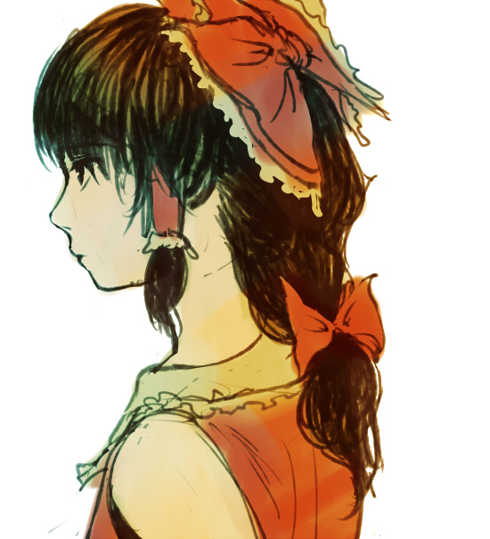 back black_hair bow frilled_bow frills from_behind hair_bow hair_tubes hakurei_reimu lighting red_bow simple_background sketch solo touhou upper_body uruo white_background