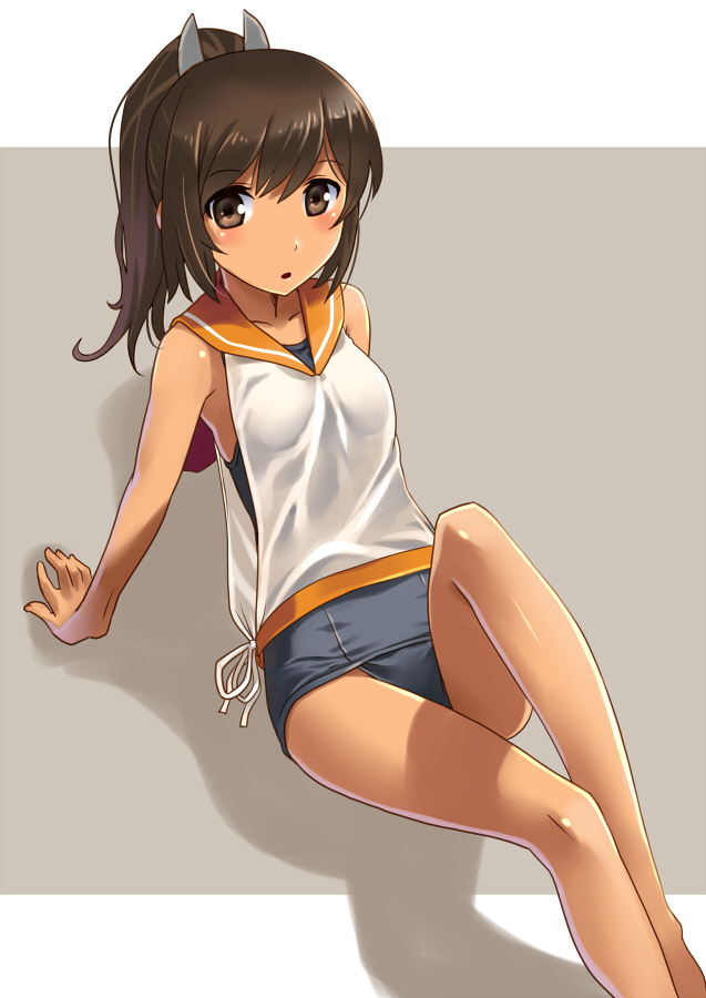 :o arm_support bare_shoulders blush brown_eyes brown_hair i-401_(kantai_collection) kantai_collection katahira_masashi looking_at_viewer one-piece_swimsuit ponytail sailor_collar school_swimsuit school_uniform shiny shiny_skin short_hair solo swimsuit swimsuit_under_clothes