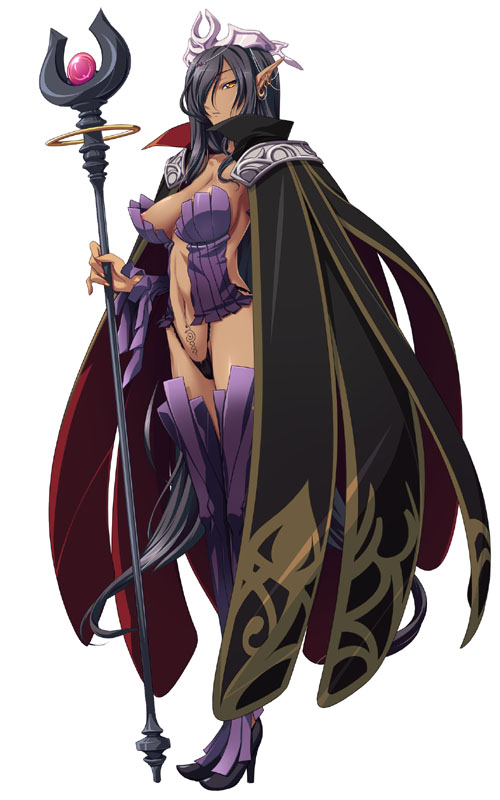 1girl areolae black_hair breasts cape dark_elf dark_skin elf hair_over_one_eye high_heels highleg kuroinu_~kedakaki_seijo_wa_hakudaku_ni_somaru~ large_breasts long_hair long_pointy_ears no_bra origa_discordia pointy_ears queen revealing_clothes simple_background solo solo_focus staff thigh_boots very_long_hair white_background yellow_eyes