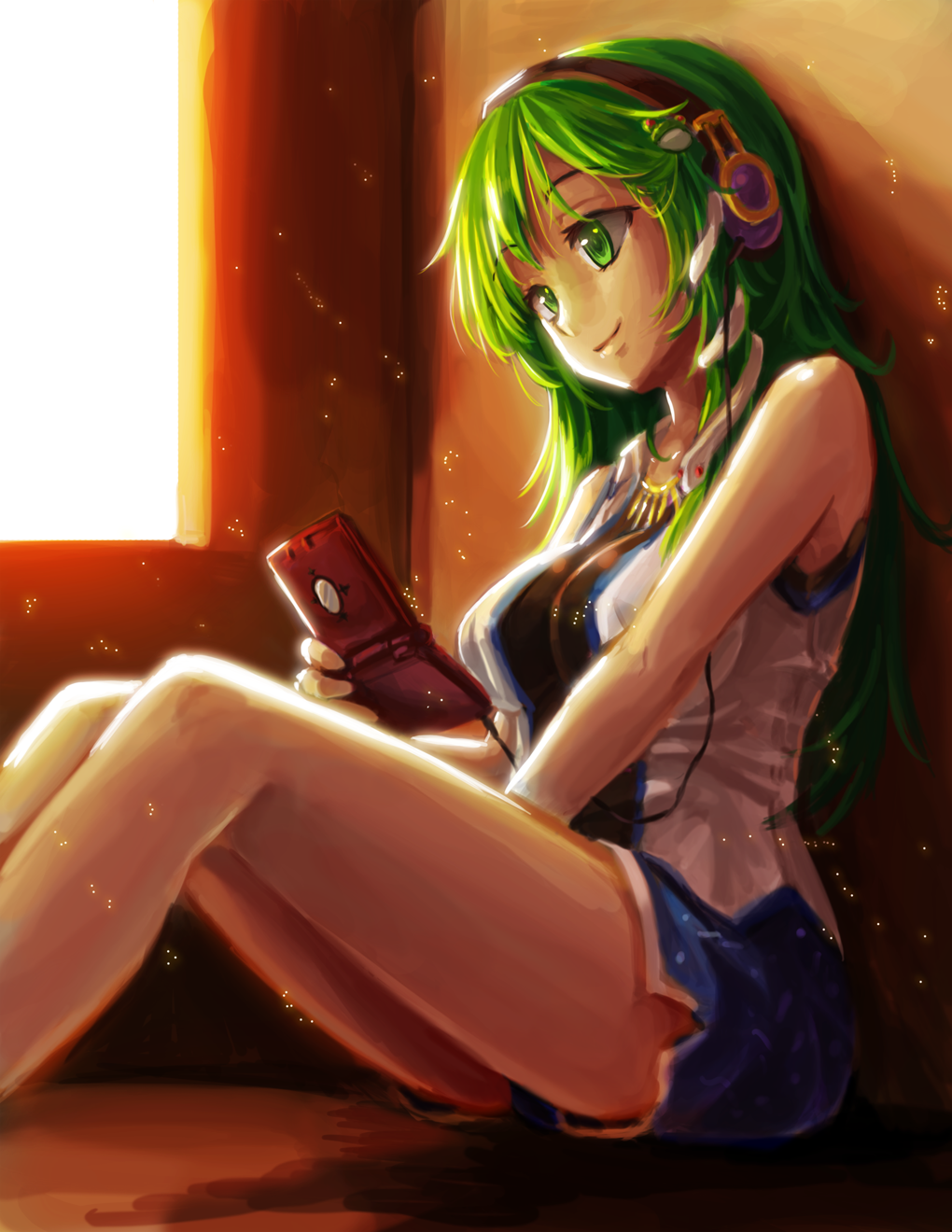 between_legs breasts contemporary eyebrows_visible_through_hair freeze-ex frog_hair_ornament green_eyes green_hair hair_ornament hand_between_legs handheld_game_console headphones highres holding kochiya_sanae large_breasts long_hair mirror nintendo_3ds shorts sitting smile snake_hair_ornament solo touhou video_game window