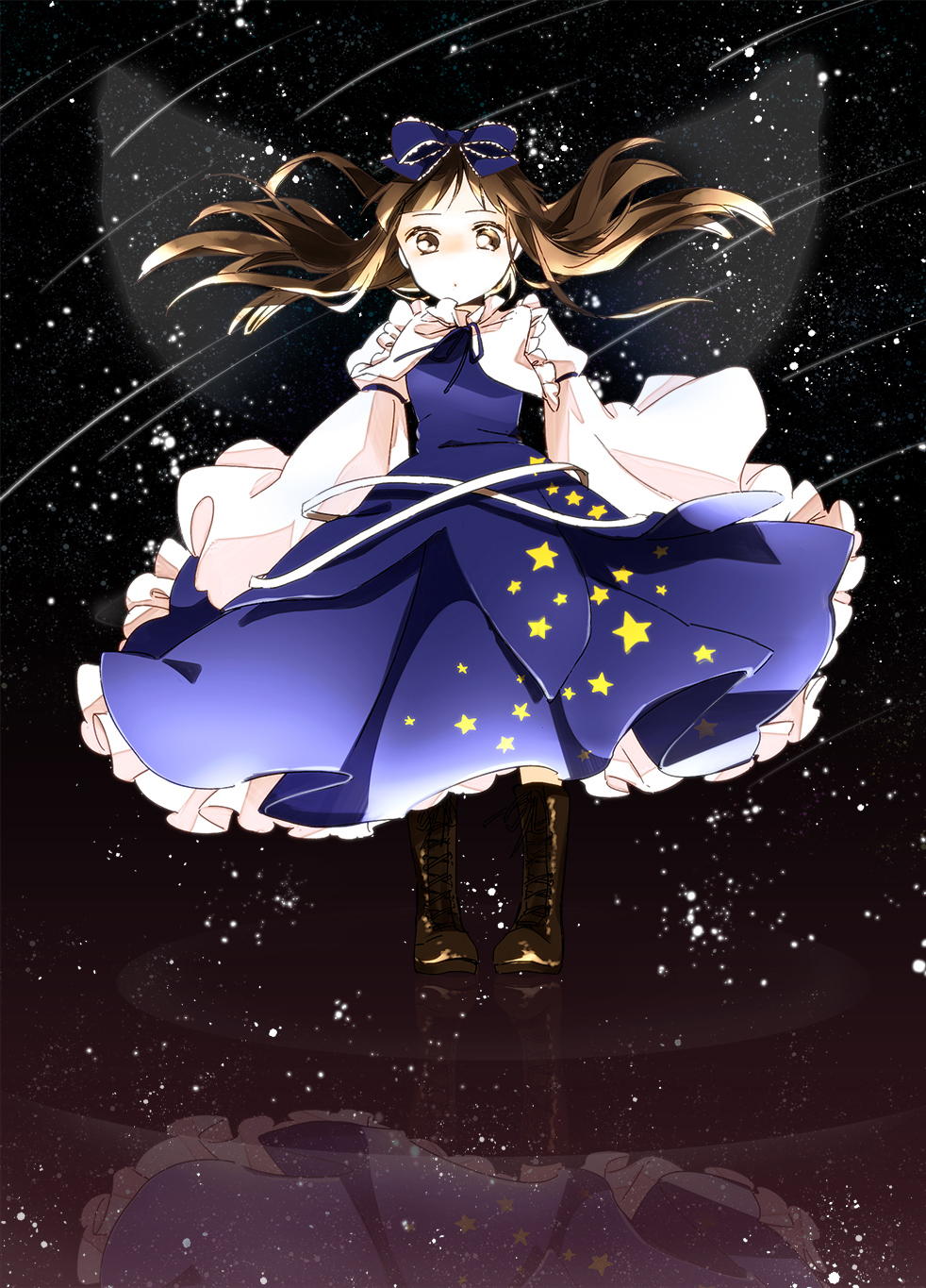 blue_dress boots bow brown_eyes brown_hair capelet cross-laced_footwear dress fairy_wings hair_bow highres lace-up_boots long_hair long_sleeves reflection revision shirt solo star star_sapphire touhou wide_sleeves wind wings yonu_(yonurime)