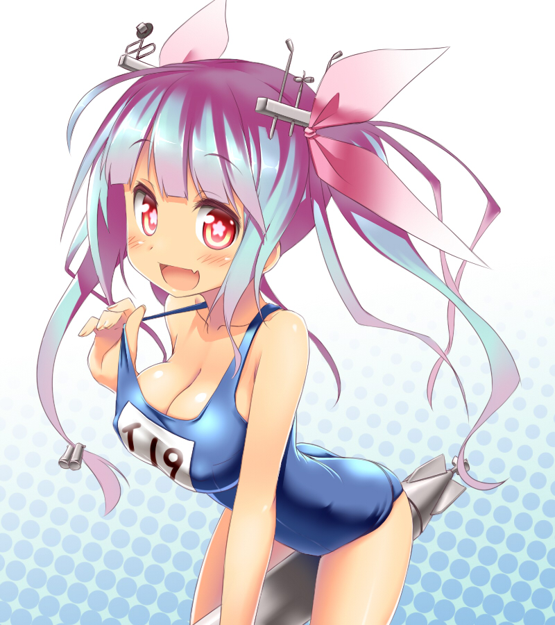 blue_hair breasts deku_(dekunosu) hair_ornament hair_ribbon i-19_(kantai_collection) kantai_collection large_breasts long_hair name_tag one-piece_swimsuit open_mouth red_eyes ribbon school_swimsuit smile solo star star-shaped_pupils swimsuit symbol-shaped_pupils torpedo twintails