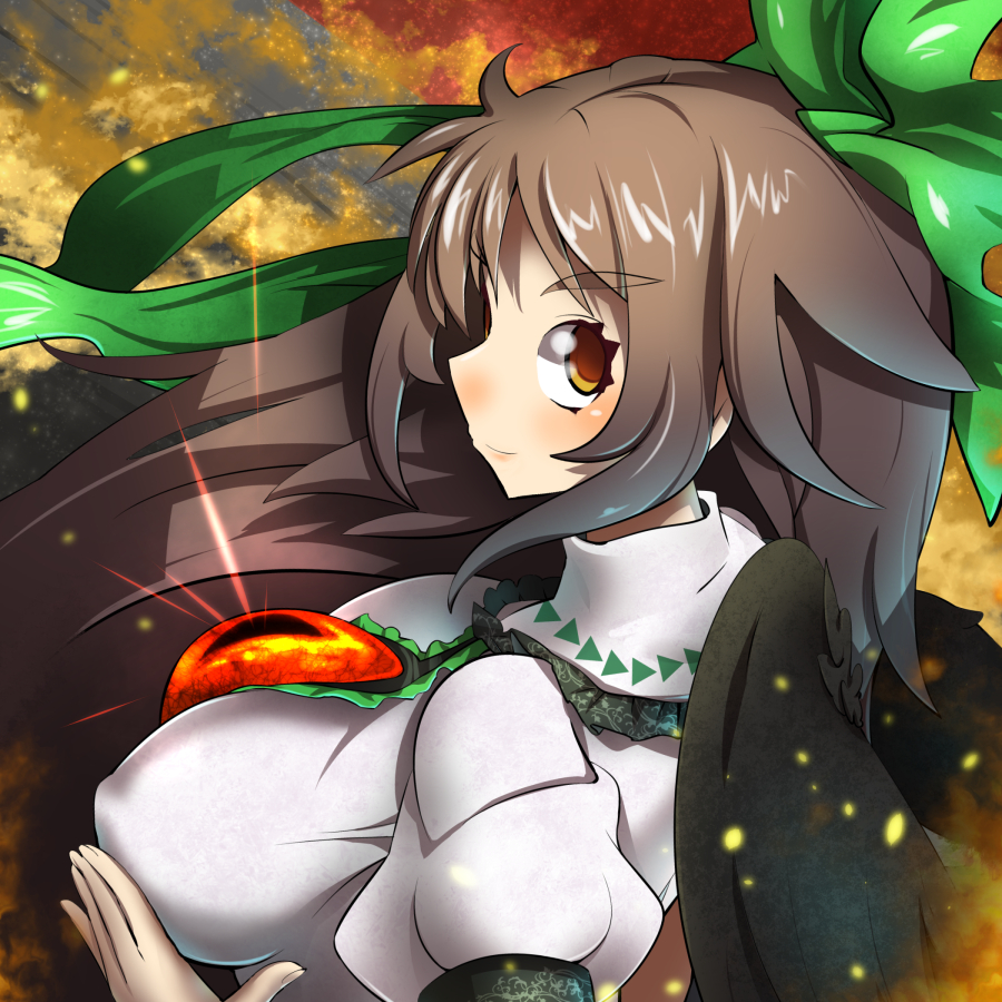 blush bow breasts brown_hair covered_nipples hair_bow hand_on_own_chest large_breasts long_hair looking_at_viewer looking_back red_eyes reiuji_utsuho short_sleeves smile solo third_eye touhou umigarasu_(kitsune1963) wings