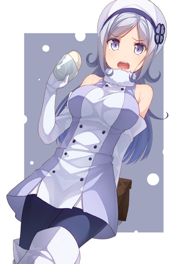 aila_jyrkiainen bag baozi bare_shoulders blue_eyes boots breasts elbow_gloves food fur_trim gloves gundam gundam_build_fighters hat large_breasts long_hair looking_at_viewer open_mouth pantyhose paper_bag silver_hair siva_(executor) solo thigh_boots thighhighs