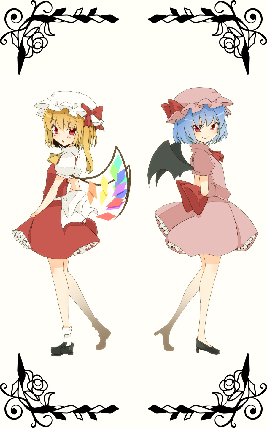 aoi_(annbi) ascot bat_wings blonde_hair blue_hair blush crystal family flandre_scarlet frilled_skirt frills full_body hat hat_ribbon high_heels highres looking_at_viewer mob_cap multiple_girls open_mouth pink_skirt ponytail puffy_sleeves red_eyes remilia_scarlet ribbon shirt shoes short_hair short_sleeves siblings side_ponytail simple_background sisters skirt smile socks touhou vest white_background white_legwear white_shirt wings