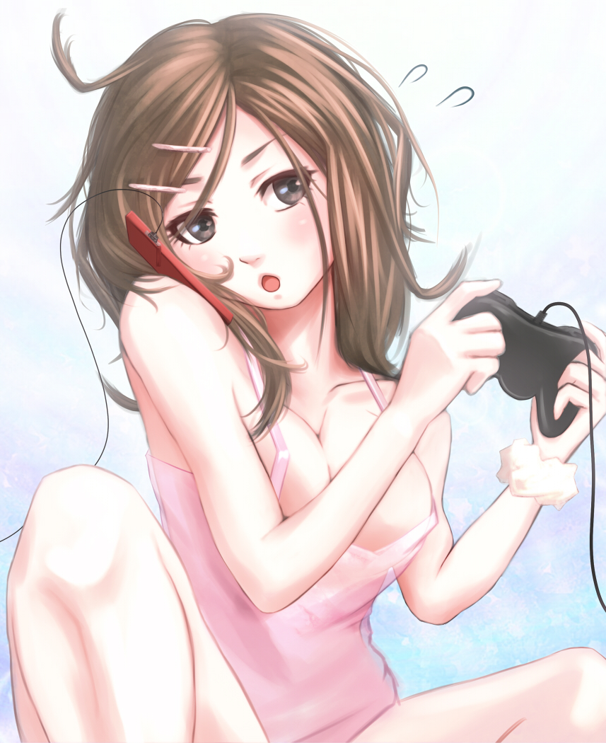 breasts brown_eyes brown_hair cellphone chestnut_mouth cleavage controller cradling_phone flying_sweatdrops game_controller gamepad hair_ornament hairclip hoshibuchi large_breasts long_hair multitasking open_mouth original phone playing_games solo talking_on_phone