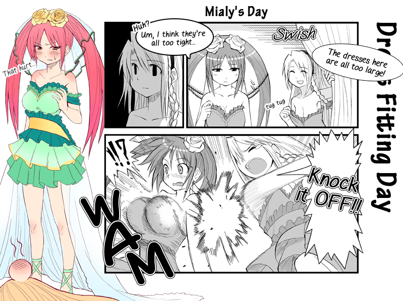 2girls bare_shoulders blonde_hair blush braid breast_envy breast_slap breasts comic cosmic_break dress emphasis_lines empty_eyes english flat_chest flower frilled_dress frills hair_flower hair_ornament hairband head_bump mialy morizo_cs multiple_girls non-web_source official_art pink_hair red_eyes rouche shaded_face slapping surprised tears twintails