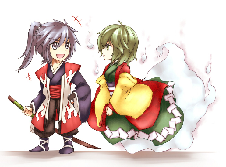 androgynous baggy_pants child commentary_request ghost_tail green_eyes green_hair hand_on_hip hands_together hitodama jacket japanese_clothes kimono mononobe_no_futo multiple_girls obi own_hands_together pants ponytail rhapsode sash silver_eyes silver_hair soga_no_tojiko sword touhou v_arms weapon