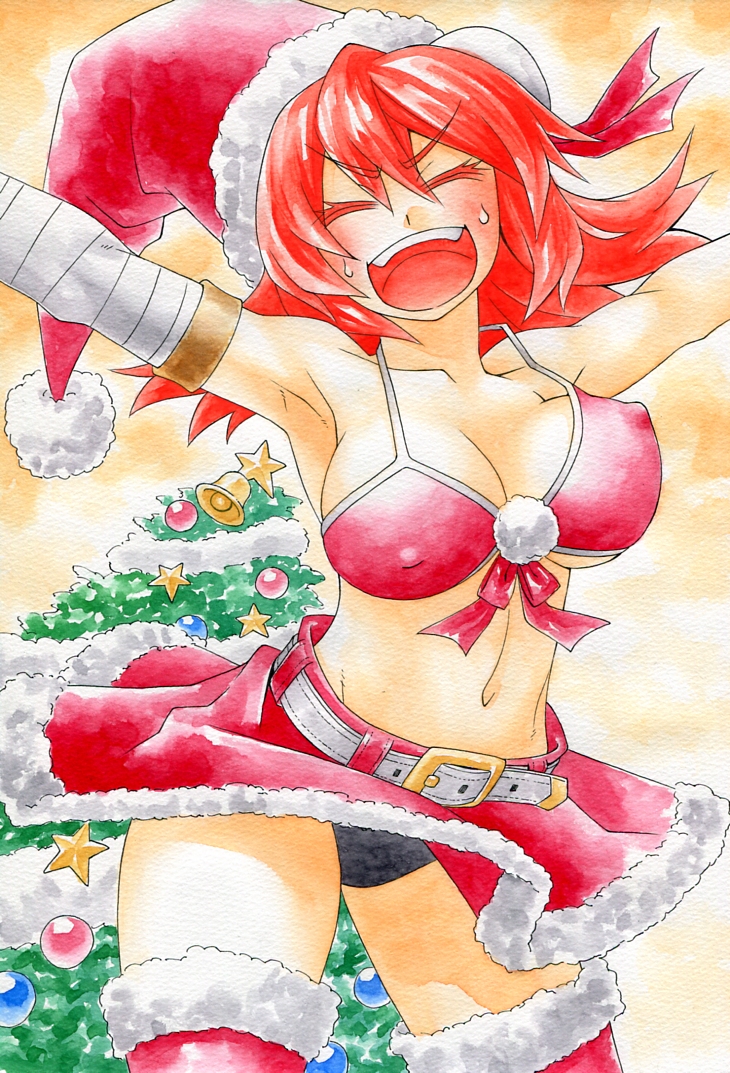 armpits arms_up bandages belt black_panties bouncing_breasts bra breasts christmas christmas_tree collarbone colored_eyelashes commentary covered_nipples hat ibaraki_kasen kawachi_koorogi large_breasts midriff navel nib_pen_(medium) no_shirt open_mouth panties red_bra red_hair red_legwear santa_costume santa_hat skirt smile solo sweat thighhighs touhou traditional_media underboob underwear watercolor_(medium)