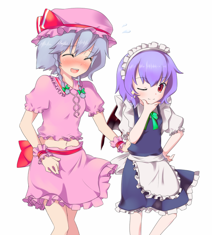 bad_id bad_pixiv_id bat_wings blush braid cosplay costume_switch hair_ribbon hand_on_hip hat izayoi_sakuya izayoi_sakuya_(cosplay) maid midriff multiple_girls one_eye_closed red_eyes remilia_scarlet remilia_scarlet_(cosplay) ribbon short_hair silver_hair touhou twin_braids umumu_(pilcre) wings