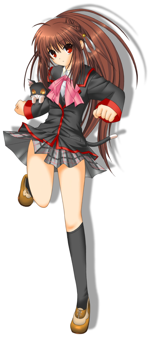bow brown_hair cat kneehighs little_busters! natsume_rin pink_bow plaid plaid_skirt ponytail red_eyes school_uniform shitou skirt socks solo