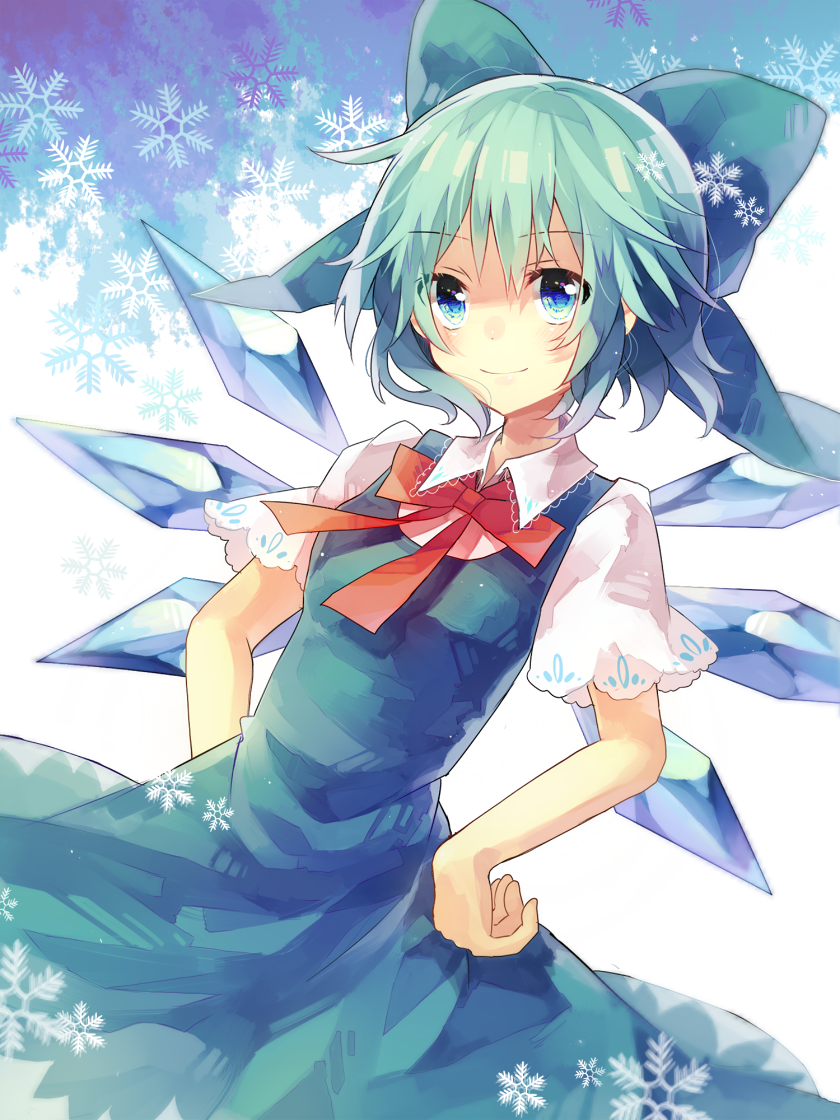 blue_dress blue_eyes blue_hair blush bow cirno dress hair_bow hands_on_hips looking_at_viewer puffy_sleeves shirt short_sleeves smile solo suzuna_(mark_of_luck) touhou