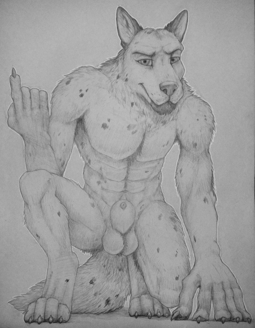 balls canine flaccid looking_at_viewer male mammal monochrome nude penis sheath solo virtyalfobo wolf