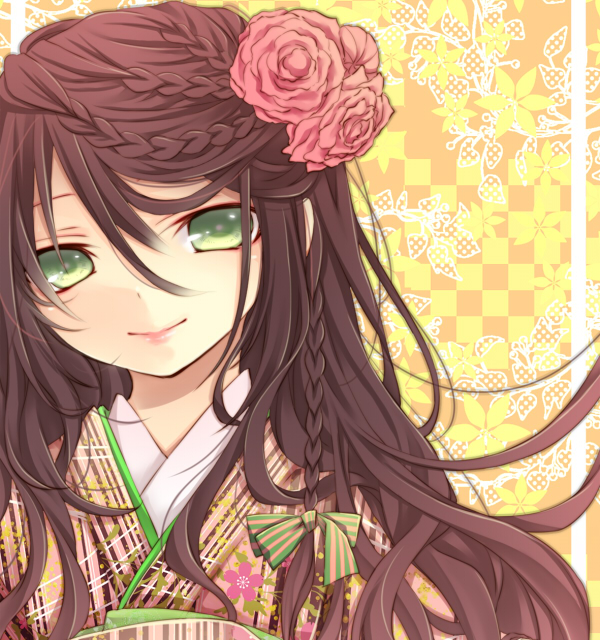 braid brown_hair checkered checkered_background floral_background floral_print flower green_eyes hair_between_eyes hair_flower hair_ornament hair_ribbon head_tilt japanese_clothes kimono kuroi_(liar-player) lips long_hair looking_at_viewer multiple_braids orange_background original red_flower red_rose ribbon rose smile solo striped striped_ribbon upper_body wavy_hair