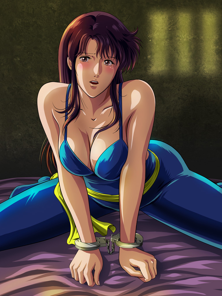 blush breasts brown_eyes brown_hair cat's_eye cuffs handcuffs kisugi_hitomi large_breasts long_hair looking_at_viewer open_mouth solo tamanegiinyo