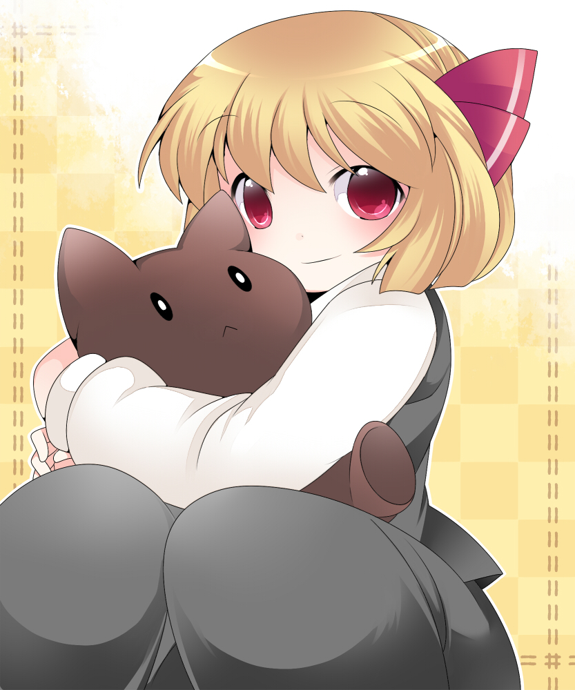 :&lt; blonde_hair commentary_request doll doll_hug hair_ribbon hammer_(sunset_beach) looking_at_viewer red_eyes ribbon rumia short_hair skirt skirt_set smile solo stuffed_animal stuffed_toy touhou