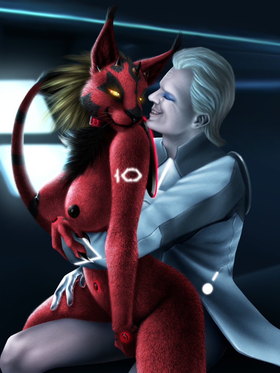 anthro big_breasts breasts castor/zuse claws clothed clothing crossover darth_maul detailed digimon duo eyes_closed female fur gatomon hair half-closed_eyes half-dressed happy hi_res hug human human_on_anthro interspecies jacket jocarra luke_skywalker male mammal navel nipples nude number original_character redgatomon shadow sharp_claws shiny short_hair sitting smile spikes star_wars straight teeth tron tron_legacy whiskers yellow_eyes
