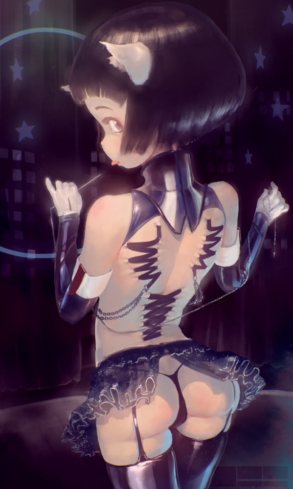 1girl animal_ears ass barbell_piercing bdsm black_hair bondage bound corset_piercing elbow_gloves gloves looking_at_viewer original panties piercing short_hair solo standing thighhighs tongue tongue_out underwear