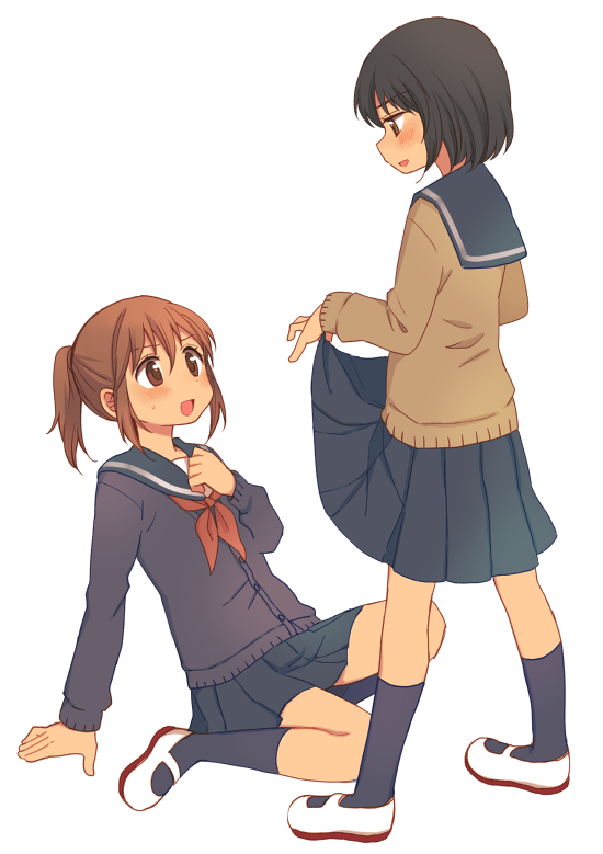 :d arm_support black_hair blue_legwear blush brown_eyes brown_hair cardigan commentary flashing hachiko_(hati12) hand_on_own_chest implied_pantyshot lifted_by_self looking_at_another multiple_girls open_mouth original pleated_skirt ponytail school_uniform serafuku shoes short_hair simple_background skirt skirt_lift smile socks sweatdrop uwabaki white_background yuri