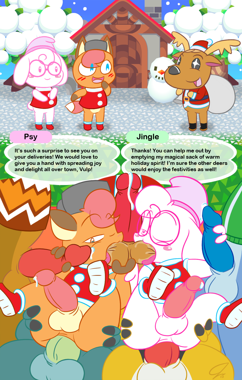 2013 anal anal_penetration animal_crossing anime anthro ball_sucking balls bam_(animal_crossing) blush bruce_(animal_crossing) canine cervine christmas clothed_sex clothing cum cum_on_penis deer dialog english_dialog english_text erik_(animal_crossing) eyewear fox gay girly glasses group group_sex half-closed_eyes handjob hat holidays jingle_(animal_crossing) lopez_(animal_crossing) male mammal nintendo one_eye_closed outside penetration penis pok&#233;mon pok&eacute;mon psyredtails sex snow snow_man snowing text tree video_games vulpix