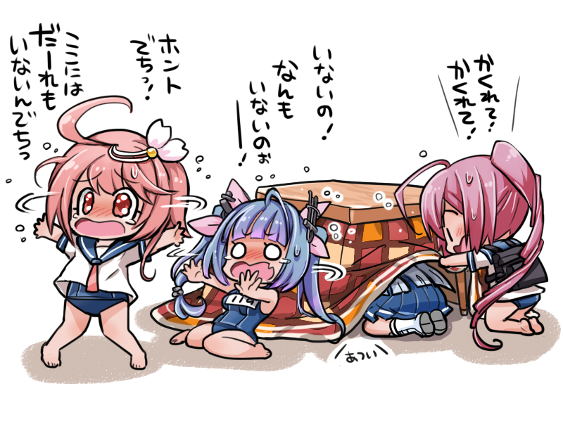 aoki_hagane_no_arpeggio backpack bag barefoot blue_hair blush bow check_translation chibi crossover flower hair_bow hair_flower hair_ornament hiding i-168_(kantai_collection) i-19_(kantai_collection) i-58_(kantai_collection) iona kantai_collection kotatsu long_hair motidukipikuomi multiple_girls o_o outstretched_arms pink_hair ponytail red_eyes school_swimsuit school_uniform serafuku skirt swimsuit swimsuit_under_clothes table tearing_up translated translation_request twintails