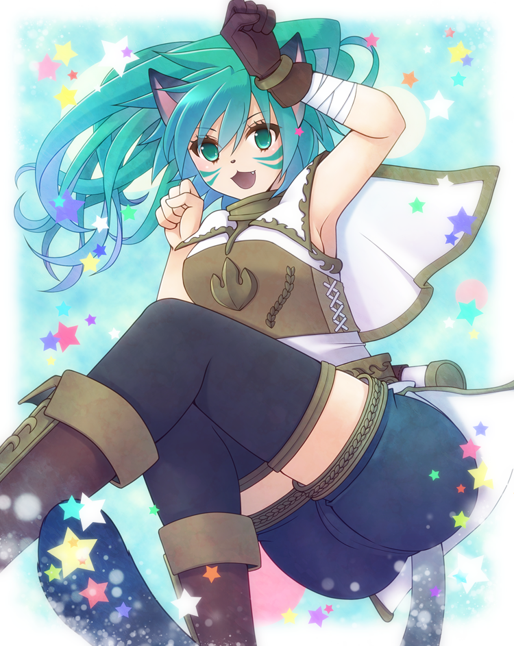 animal_ears breasts cat_ears cat_tail duel_monster fang felice_lightsworn_archer gloves green_eyes green_hair hayabusa_koi large_breasts long_hair looking_at_viewer paw_pose ponytail solo star tail thighhighs yuu-gi-ou zettai_ryouiki