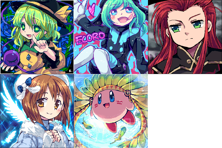 2girls androgynous aqua_eyes aqua_hair asch brown_eyes brown_hair character_name copy_ability crossover ekoro_(puyopuyo) feathers green_eyes green_hair hagiwara_yukiho hat heart idolmaster idolmaster_(classic) index_finger_raised jacket kawatta_ekoro kirby kirby_(series) komeiji_koishi long_hair multiple_boys multiple_crossover multiple_girls oekaki otoko_no_ko pantyhose puyopuyo puyopuyo_7 red_hair short_hair smile tales_of_(series) tales_of_the_abyss third_eye touhou tribal white_legwear wings yoriyomo