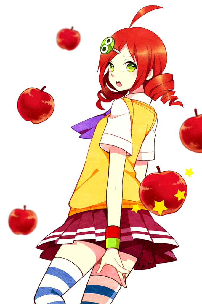 2014 ahoge andou_ringo apple character_hair_ornament dated dress drill_hair food fruit green_eyes hair_ornament hairclip kei-chan_(atlas_kei) looking_back neckerchief object_namesake puyo_(puyopuyo) puyopuyo puyopuyo_7 red_dress red_hair school_uniform short_hair skirt solo striped striped_legwear sweater_vest thighhighs twin_drills twintails white_background zettai_ryouiki