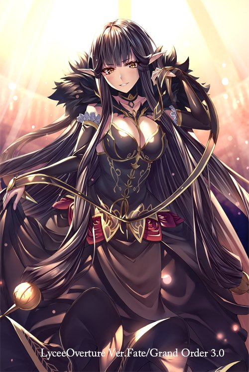1girl absurdly_long_hair bangs bare_shoulders black_dress black_hair breasts bridal_gauntlets cleavage detached_sleeves dress fate/apocrypha fate/grand_order fate_(series) fur_collar fur_trim gloves hand_up heirou jewelry large_breasts long_dress long_hair looking_at_viewer open_mouth parted_lips pointy_ears semiramis_(fate) sidelocks smile solo tsurime very_long_hair yellow_eyes
