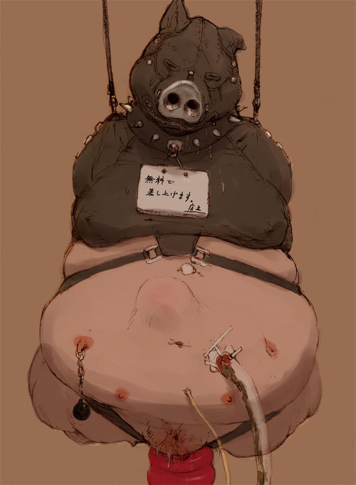 amputee armless collar colostomy dildo invalid_tag japanese_text leather legless mammal mask neuter nightmare_fuel nipple_piercing nipples nullo overweight penectomy piercing pig porcine saliva sansh sex_toy simple_background solo spiked_collar spikes suspension text translation_request urostomy zipper