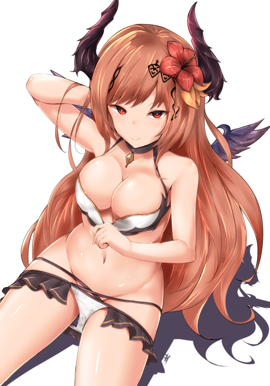 1girl bangs bikini blonde_hair breasts choker cleavage closed_mouth collarbone commentary_request dark_angel_olivia eyebrows_visible_through_hair flower granblue_fantasy hair_ornament hand_in_hair horns jewelry legs long_hair looking_at_viewer medium_breasts midriff navel pendant red_eyes rumiya9i shadowverse shingeki_no_bahamut shiny shiny_skin simple_background sitting smile solo swimsuit thighs very_long_hair wings