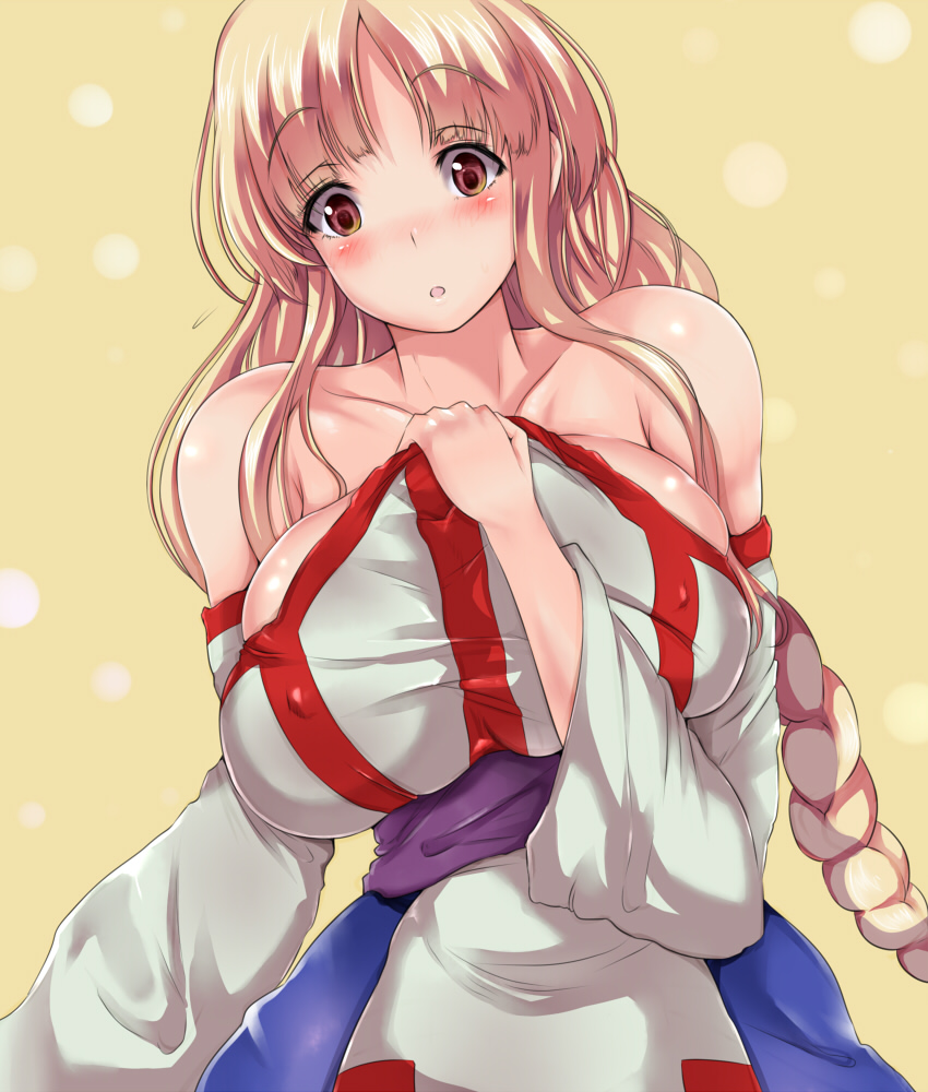 :o arc_the_lad arc_the_lad_ii bare_shoulders blonde_hair braid breasts brown_eyes dress huge_breasts lieza long_hair ponzu_yuki solo yellow_background