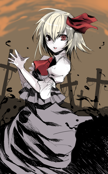 atoshi black_dress blonde_hair bow cross dress hair_ribbon hands_together open_mouth red_eyes ribbon rumia short_hair smile solo touhou