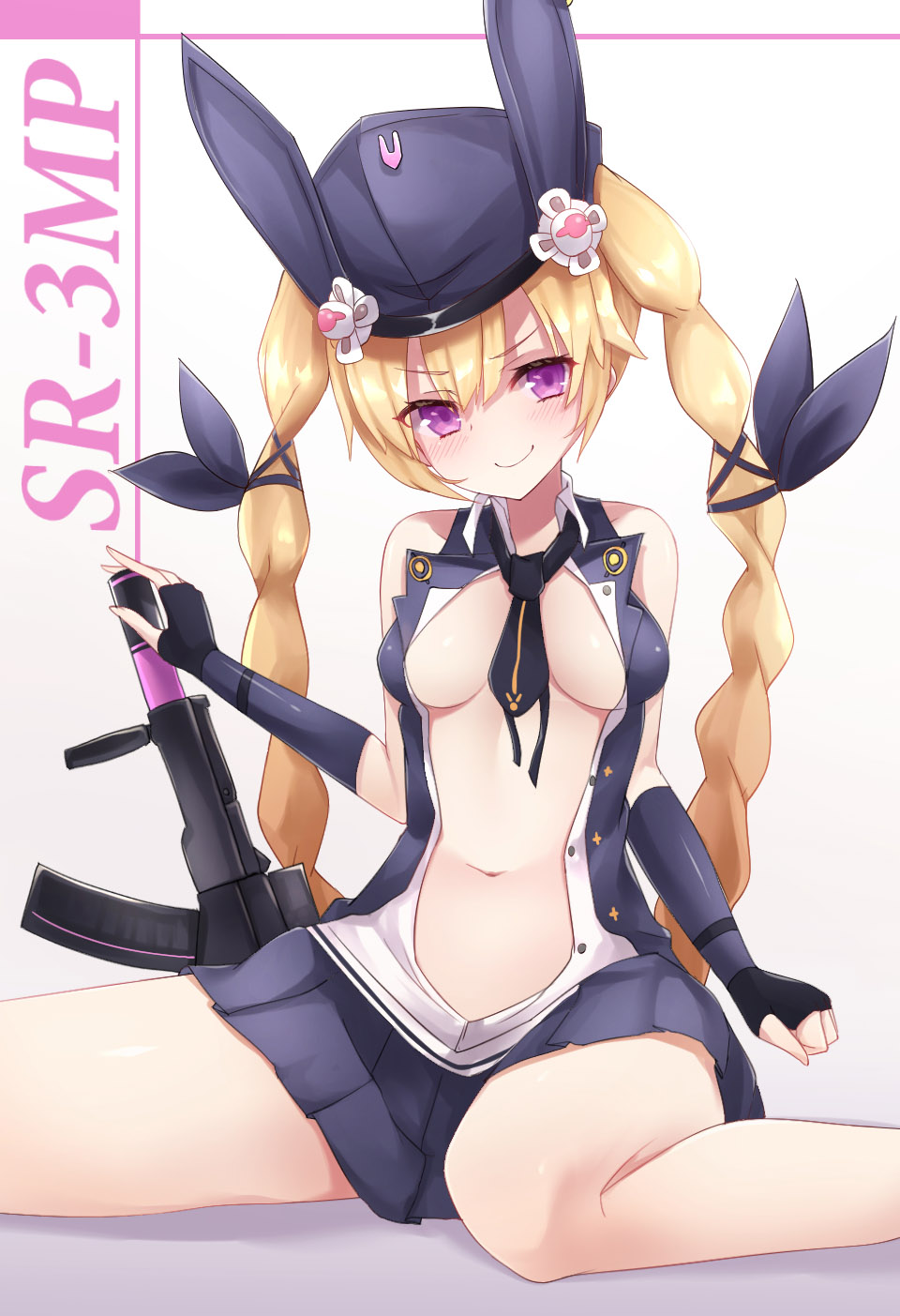 1girl assault_rifle black_neckwear black_skirt blonde_hair braid breasts character_name commentary_request eyebrows_visible_through_hair fingerless_gloves girls_frontline gloves gun hat highres long_hair looking_at_viewer medium_breasts navel necktie open_clothes oshishio pleated_skirt purple_eyes rifle sitting skirt smile solo sr-3mp sr-3mp_(girls_frontline) twin_braids twintails very_long_hair wariza weapon