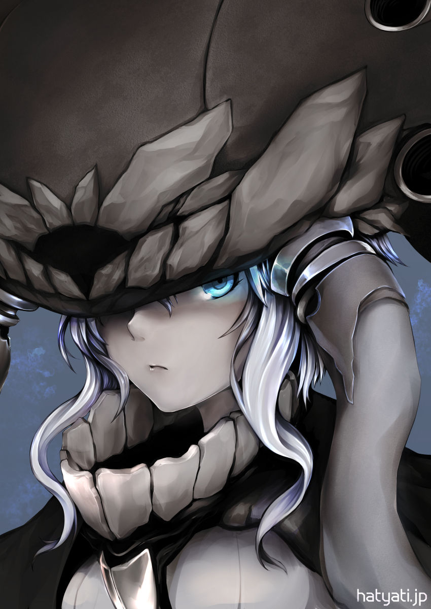 blue_eyes cape frown glowing glowing_eyes grey_hair hachachi hat highres kantai_collection pale_skin shinkaisei-kan short_hair solo tentacles upper_body wo-class_aircraft_carrier