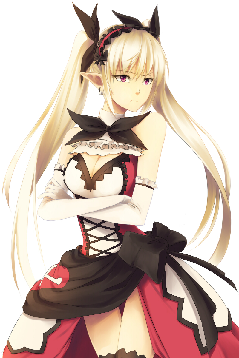 :t aerlai black_legwear blonde_hair breasts cleavage cleavage_cutout detached_collar earrings elbow_gloves gloves hair_ribbon headdress highres jewelry kneehighs large_breasts long_hair mistral_nereis pointy_ears pout purple_eyes ribbon shining_(series) shining_hearts showgirl_skirt solo twintails white_background white_gloves