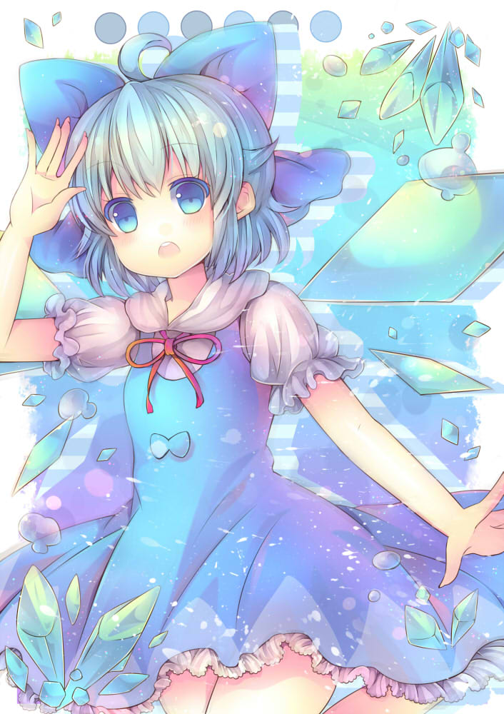 blonde_hair blue_dress blue_eyes bow cirno dress hair_bow ice ice_wings looking_at_viewer open_mouth pjrmhm_coa puffy_sleeves shirt solo touhou wings