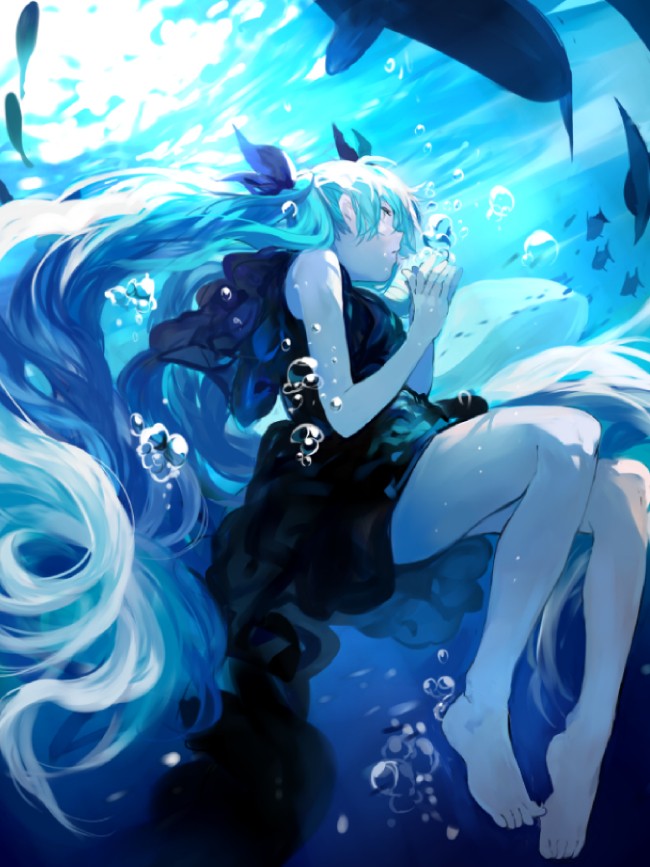 barefoot blue_hair bubble dress fish hatsune_miku long_hair ran_(pixiv2957827) shinkai_shoujo_(vocaloid) solo submerged twintails underwater very_long_hair vocaloid