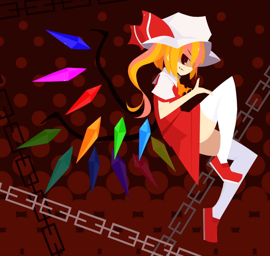 blonde_hair bow chain crystal fang flandre_scarlet hat nosada red_eyes short_hair side_ponytail touhou wings