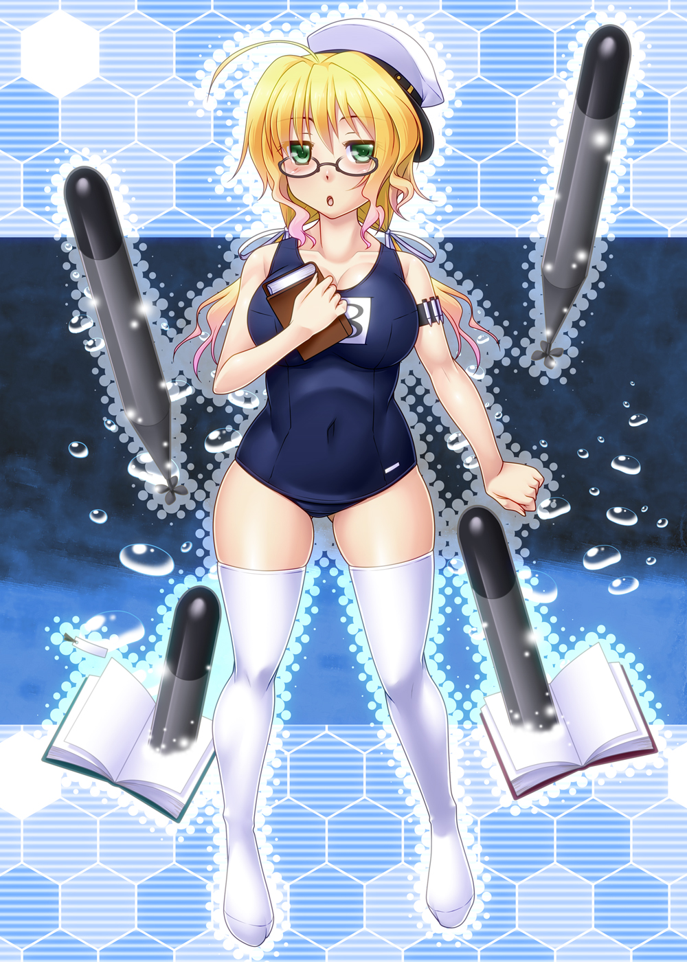 ayato bad_id bad_pixiv_id blonde_hair book breasts bubble full_body glasses green_eyes hat highres i-8_(kantai_collection) kantai_collection large_breasts long_hair one-piece_swimsuit open_mouth school_swimsuit solo swimsuit thighhighs torpedo twintails white_legwear