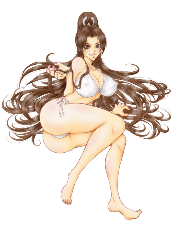 ass barefoot bikini breasts brown_eyes brown_hair cleavage covered_nipples full_body hair_ribbon jun_tamayochan large_breasts long_hair lying nail_polish on_side ponytail ribbon shiranui_mai side-tie_bikini simple_background solo swimsuit the_king_of_fighters toes very_long_hair white_background white_bikini
