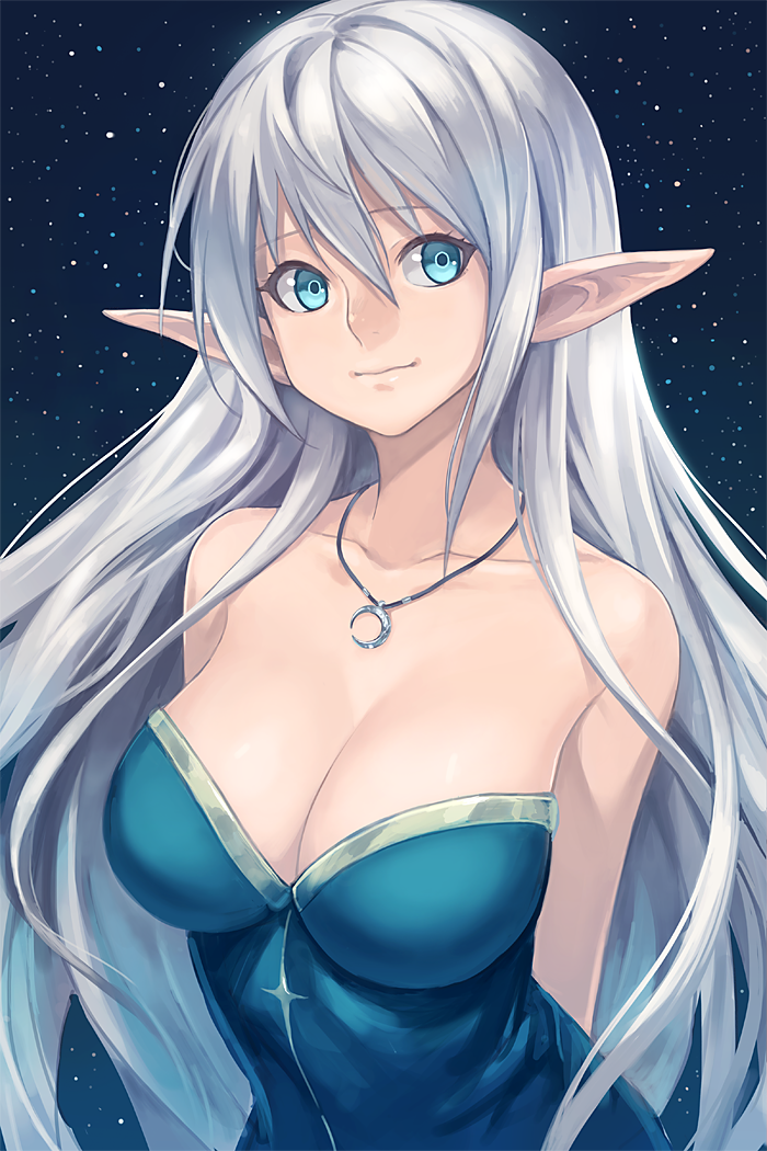 arms_behind_back bare_shoulders blue_eyes breasts cleavage elf guchico jewelry large_breasts light_smile long_hair looking_at_viewer necklace night original pendant pointy_ears shiny shiny_skin silver_hair solo