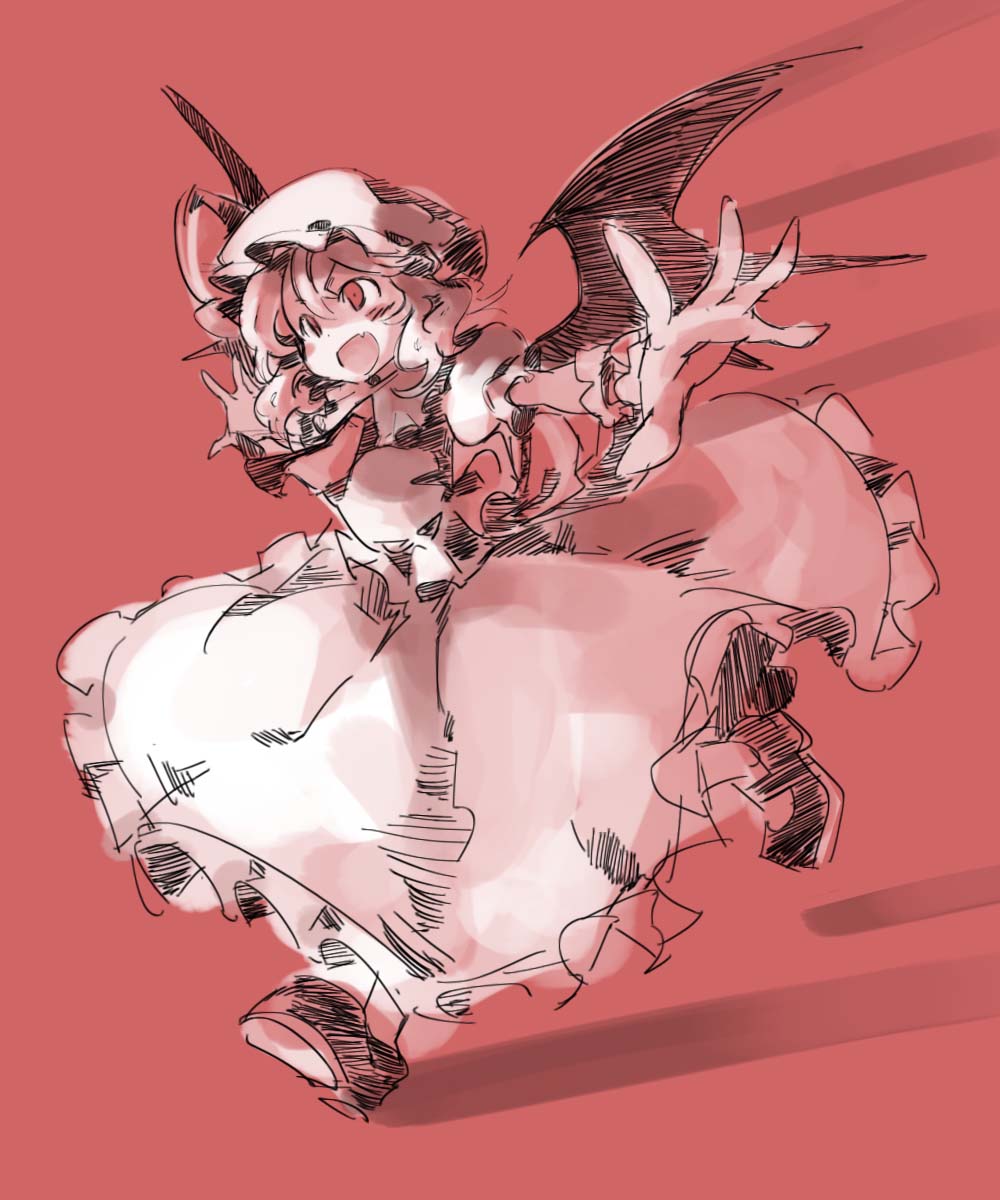 azuki_(azuki-taste) bat_wings calligraphy_pen_(medium) dress fang hat hat_ribbon highres marker_(medium) mob_cap open_mouth outstretched_arms pink_dress pink_hair puffy_sleeves red_background remilia_scarlet ribbon running short_sleeves smile solo touhou traditional_media wings