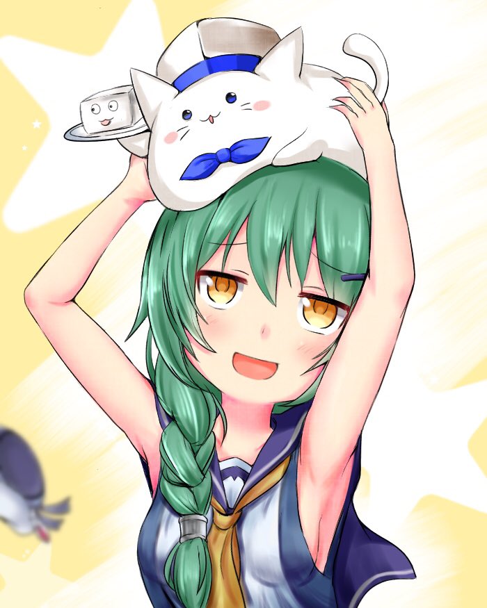 1girl animal animal_on_head armpits arms_up azur_lane blush_stickers braid breasts cat commentary_request foote_(azur_lane) green_hair hair_ornament hairclip hat long_hair mafuyu_keitou on_head open_mouth plate portrait side_braid simple_background small_breasts solo yellow_eyes