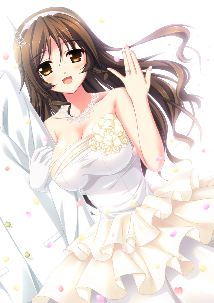 :d ashigara_(kantai_collection) bare_shoulders breasts brown_eyes brown_hair dress endori hairband jewelry kantai_collection large_breasts long_hair necklace open_mouth ring smile solo_focus wedding_band wedding_dress