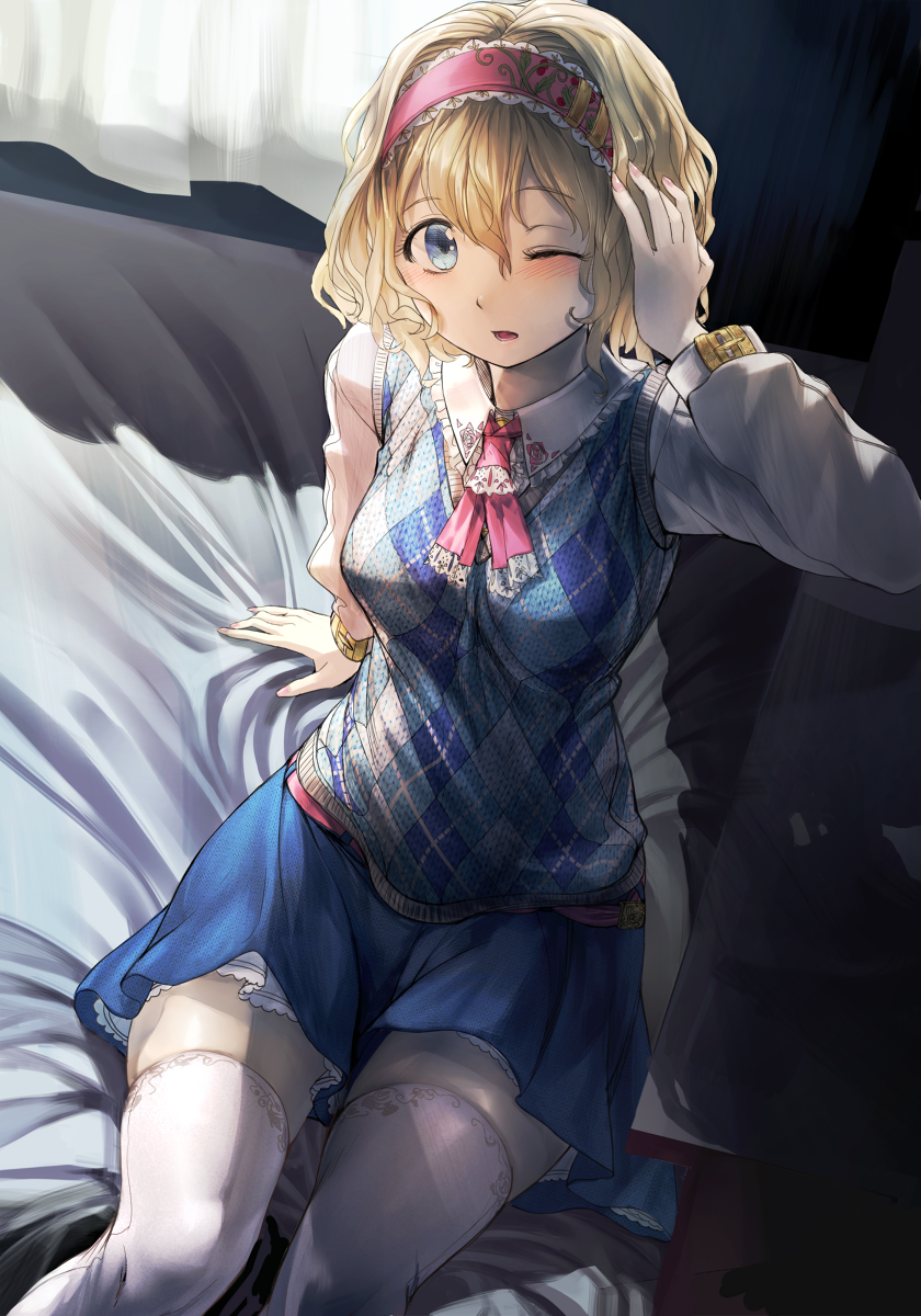alice_margatroid arm_support bed blonde_hair blush geppewi highres looking_at_viewer md5_mismatch one_eye_closed open_mouth short_hair sitting solo sweater_vest thighhighs touhou zettai_ryouiki
