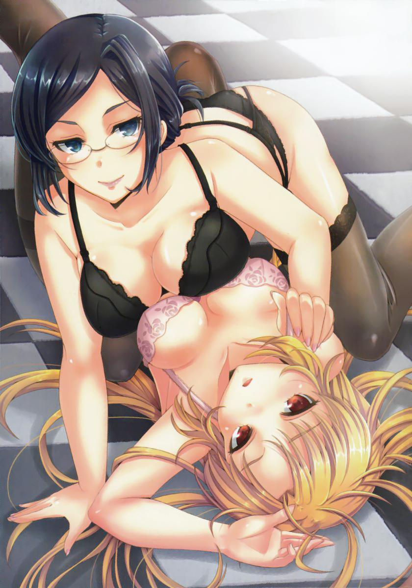 all_fours arm_up asymmetrical_docking bangs black_bra black_hair black_legwear black_panties blonde_hair blue_eyes bra breast_press breasts checkered cleavage copyright_request garter_belt glasses highres k.y_ko lace lace-trimmed_thighhighs large_breasts long_hair lying medium_breasts multiple_girls nail_polish on_back panties pantyhose parted_bangs parted_lips pink_bra red_eyes scan smile thighband_pantyhose thighhighs underwear underwear_only